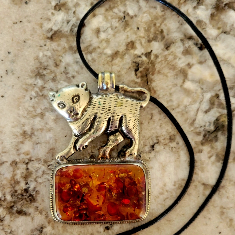 Silver and Amber Cat Pendant Necklace
